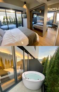 2 fotos de un dormitorio y una bañera en una habitación en Luxury Loft in Bogota with Private Terrace and Jacuzzi, en Bogotá