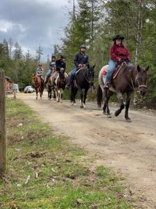 a group of people riding horses down a dirt road at Maple Heart Ranch in Shawnigan Lake