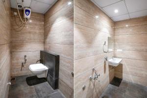 2 Bilder eines Badezimmers mit WC und Waschbecken in der Unterkunft FabExpress Ospite in Surat