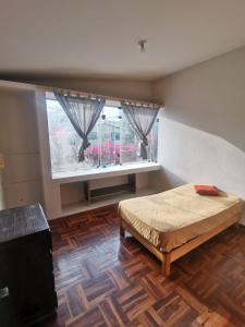 ein Schlafzimmer mit einem Bett und einem großen Fenster in der Unterkunft ARTE Y CIENCIA in Lima