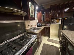 uma cozinha com um fogão e um lavatório em The Paradise Luxury Apartment no Cairo