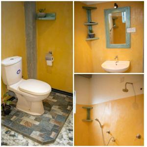 Duas fotografias de uma casa de banho com WC e lavatório. em Oynise Beach Cabin em Galle
