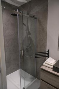 een douche met een glazen deur in de badkamer bij B&B gewoon Prins in Wichmond