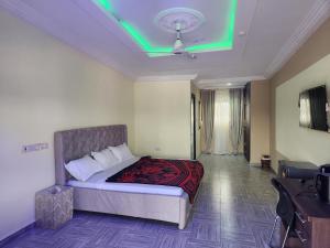 a bedroom with a bed with a green light on the ceiling at C-VISION GUESTHOUSE in Sefwi Bekwai