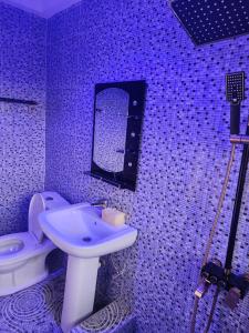 a bathroom with a toilet and a sink and a mirror at C-VISION GUESTHOUSE in Sefwi Bekwai
