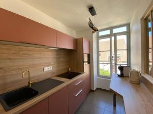 eine Küche mit einer Spüle und einer Arbeitsplatte in der Unterkunft Superbe duplex « le Grévy » in Dole