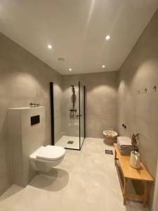 ein Bad mit einem WC und einer Dusche in der Unterkunft Helt ny leilighet i rolig område in Sandefjord