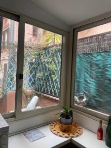 two windows in a kitchen with a plant on a counter at Centro storico appartamento con terrazza in Rome
