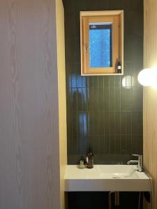 y baño con lavabo y espejo. en A unique lakeside cottage, en Rovaniemi