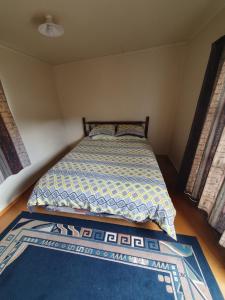 a bedroom with a bed and a blue rug at Kirikiri Pawhaoa in Whangaruru