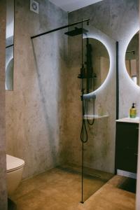 a glass shower in a bathroom with a toilet at Home by the Lake nr 9 in Sibiu