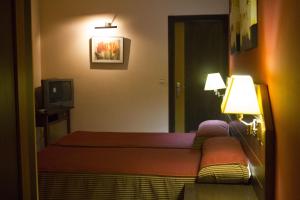 a hotel room with two beds and a television at Hotel la Parrilla in Albox