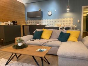 a living room with a couch and a table at La parenthèse gourmande avec clim et parking in Montauban