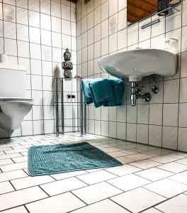 een badkamer met een wastafel en een groen tapijt bij Casa Gomes in Gaschurn