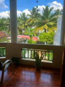 a room with a large window with palm trees at 4ty two Homestay Galle in Galle