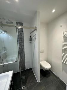 uma casa de banho com um chuveiro, um WC e um lavatório. em Good location, sunny terrace, beach and shops at 4 mn em Antibes