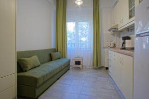 a living room with a green couch in a kitchen at Andriana's studio in Parga +10 photos