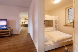 - une chambre avec des lits superposés et une télévision dans l'établissement Ferienhaus am Wald, à Wernigerode