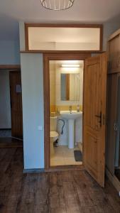 a bathroom with a sink and a toilet and a mirror at Guest House Kamara in Panevėžys