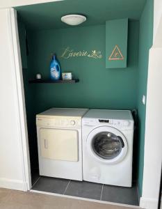 a washing machine in a laundry room with a green wall at Gite for you muguet in Neuvy-sur-Loire