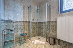 ein Bad mit einer Dusche mit einem Hocker in der Unterkunft Villa Seeschloss in Heringsdorf
