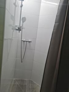 een badkamer met een douche bij Oli-DGR, Monteurwohnung in Geeste