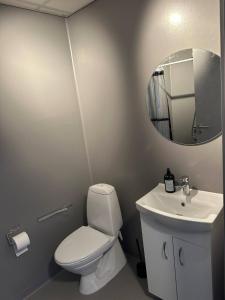 ein Badezimmer mit einem WC, einem Waschbecken und einem Spiegel in der Unterkunft Km City Room 1 On Pedestrian Street in Sæby