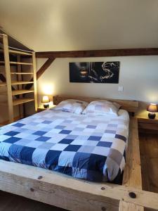 een slaapkamer met een blauw en wit geruit bed bij La tanière, T2 de 27 m² en duplex in Écully
