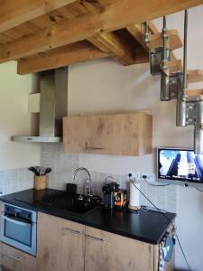 een keuken met een zwart aanrecht en een wastafel bij La tanière, T2 de 27 m² en duplex in Écully