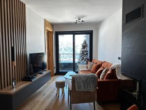 a living room with a couch and a tv at Apartment Aurora in Bjelašnica