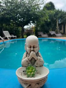 a statue of a head in a bowl with a plant at Sol sal cabana p 10 in Imbituba