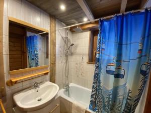 baño con lavabo y cortina de ducha en LE MONTAGNARD Chalet en bois, en La Bresse