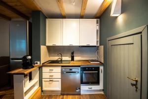 a kitchen with white cabinets and a stainless steel appliance at Guesthouse 340 in Roman