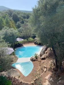 une grande piscine avec une terrasse en bois à côté dans l'établissement Chambre d'hôtes A Vadina Porticcio, à Porticcio