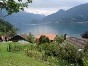 a house with a view of a lake and mountains at Ferienhaus in Quinten-Au in Quinten