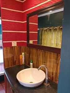 a bathroom with a sink and a mirror at Lakenest overnight in Alleppey