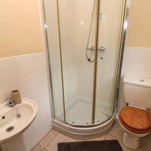 a bathroom with a shower and a toilet and a sink at Beautiful Countryside Cottage Alnwick in Alnwick