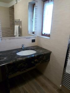 uma casa de banho com um lavatório e um espelho em Appartamento Baita Cusini Saroch em Livigno