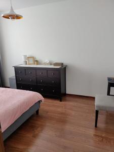 a bedroom with a dresser and a bed and a chair at Roses Apartment in Frýdek-Místek