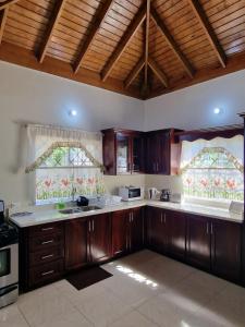 a large kitchen with wooden cabinets and windows at Spanish Palm Villa in Spanish Town