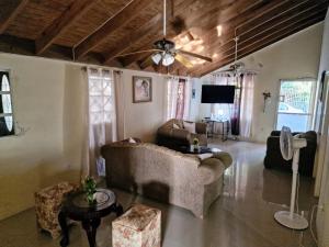 a living room with a couch and a ceiling fan at Spanish Palm Villa in Spanish Town