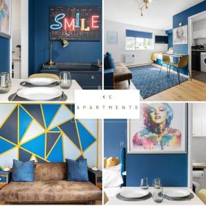 eine Collage mit Fotos eines Wohnzimmers mit blauen Wänden in der Unterkunft Studio Apartment in Central Maidstone in Kent
