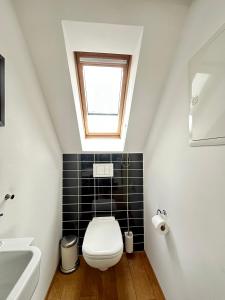 a bathroom with a toilet and a window at Moderne Apartments in attraktivem Altbau in Freiburg im Breisgau