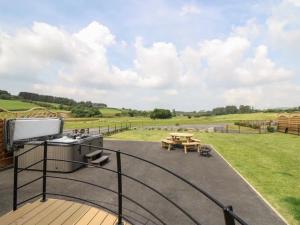a deck with a grill and picnic tables on a field at Primrose in Rhayader