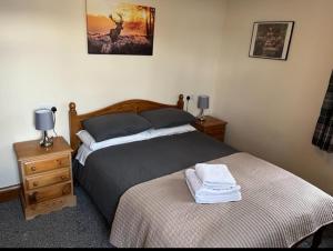 a bedroom with two beds and a night stand with two lamps at Station House Self Catering, Catton in Hexham
