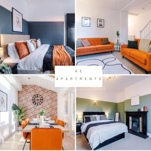 a collage of photos of a bedroom and a living room at Modern 4 Bed Chester Townhouse with FREE Parking in Christleton