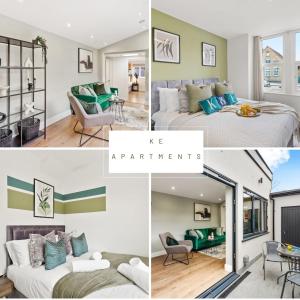 un collage de quatre photos d'une chambre dans l'établissement Fabulous Wimbledon 3 Bed Apartment with Outside Space, à Londres