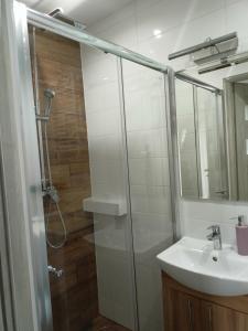 uma casa de banho com um chuveiro e um lavatório. em APARTAMENT USTROŃ 84 em Ustroń
