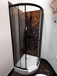 W łazience znajduje się prysznic ze szklanymi drzwiami. w obiekcie Night o'clock Business and Spa Aparts w mieście Opole