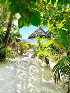 een strand met een rieten parasol op het zand bij HEBE Bungalows Lodge in Matemwe